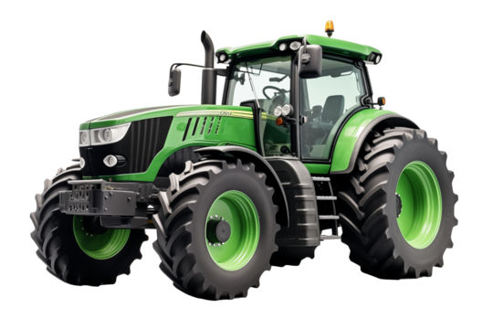 Agricultural green tractor on transparent background.  Topics related to the agricultural world. Image for graphic designer. Agricultural job offer. Organic farming Transparent background png cutouts
