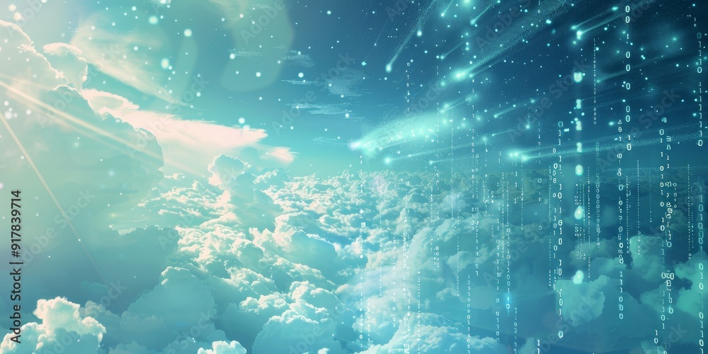 Poster Abstract visualization of data floating in the sky, featuring luminous binary code and digital symbols drifting among serene blue skies and soft clouds