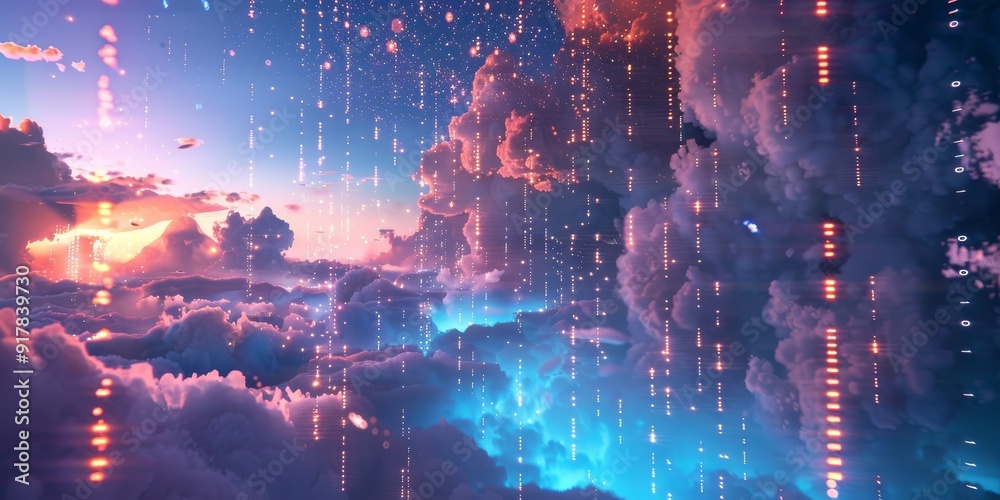 Aufkleber conceptual image of data streams floating in the sky, with glowing digital codes and graphs suspende