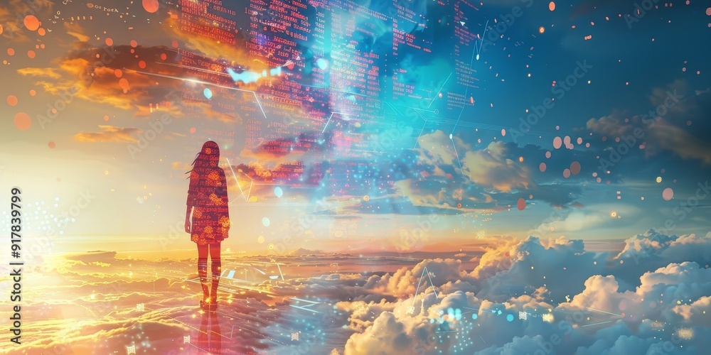 Aufkleber artistic representation of data floating in the sky, with vibrant digital figures and charts driftin