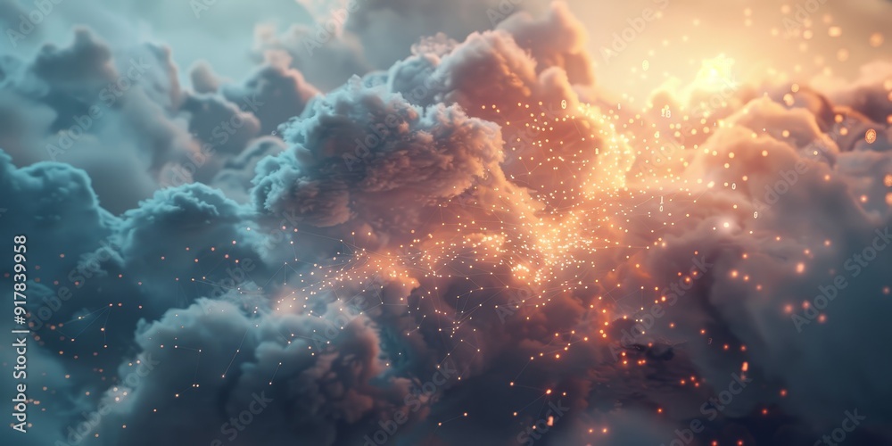 Poster Imagery of data floating effortlessly in the sky, featuring glowing data points and charts drifting among light, airy clouds, symbolizing cloud-based information management
