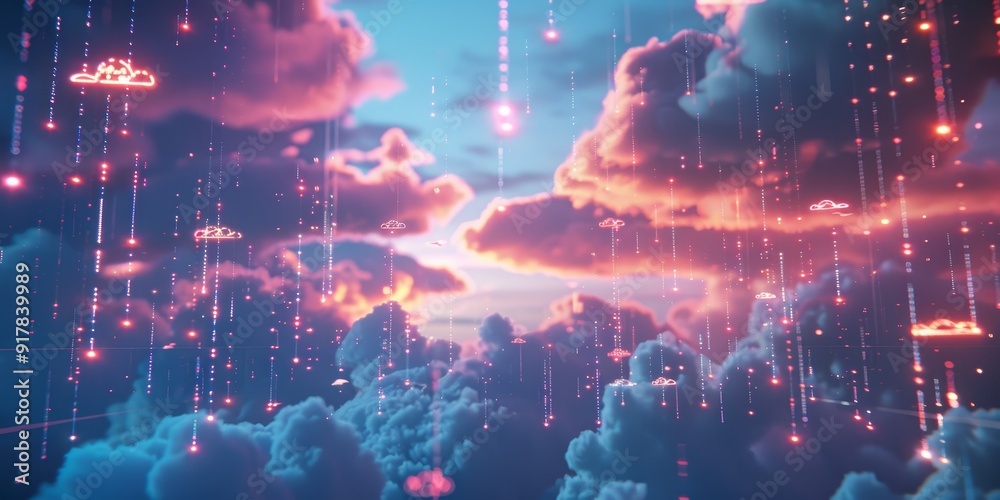 Aufkleber imagery of data floating effortlessly in the sky, featuring glowing data points and charts drifting 