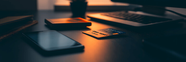 Finance banner with credit card and smartphone on sleek desk, soft lighting, copy space at top