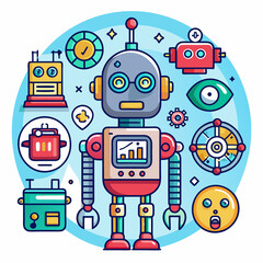 Cute robot cartoon icon character isolated, graphic design sign