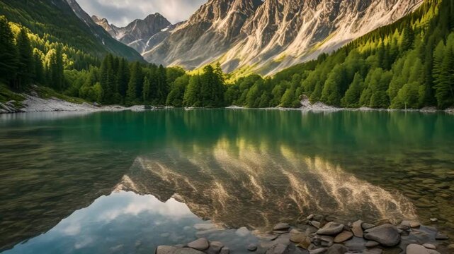 Aerial view of the Fusine Lake with Mount Mangart on the background. Fusine Lakes Natural Park, Tarvisio, Udine province, Friuli Venezia Giulia, Italy. Beautiful mountain lake in Italian Alps