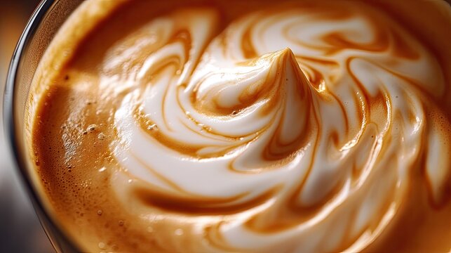 Detailed image of swirling milk foam in a frothing pitcher, capturing the essence of latte art preparation.