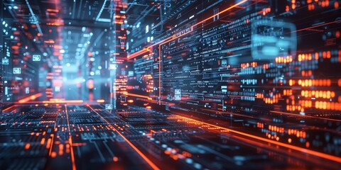 Dynamic depiction of data packets navigating through a secure network, with a prominent firewall system in place, showcasing advanced cybersecurity measures