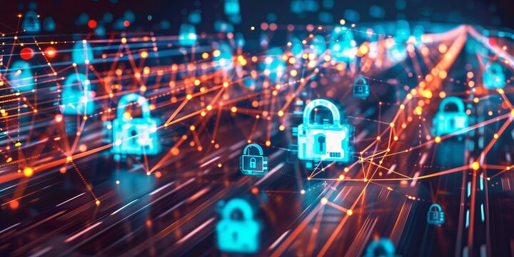 Image of data packets traveling along a network path, guarded by a protective firewall, symbolizing secure data transmission and defense against cyber attacks