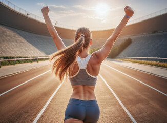 Jolie jeune femme court sur une piste d'athlétisme en levant les bras au ciel en signe de victoire, jolie silhouette, vue de dos