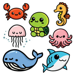 Obraz premium cute sea animals illustration vector collection