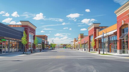 A large empty street with a row of stores on either side