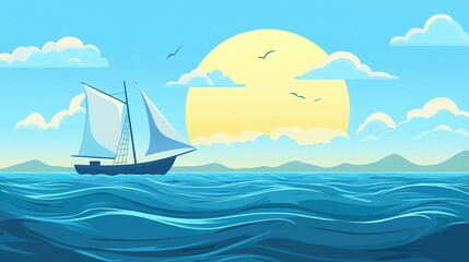 Fototapeta premium A serene sailing scene depicting a boat on calm waters under a bright sun, with a clear blue sky and gentle waves.