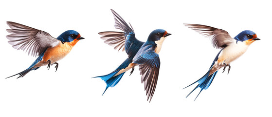 Obraz premium Three Colorful Swallows in Flight, Isolated on Black Background