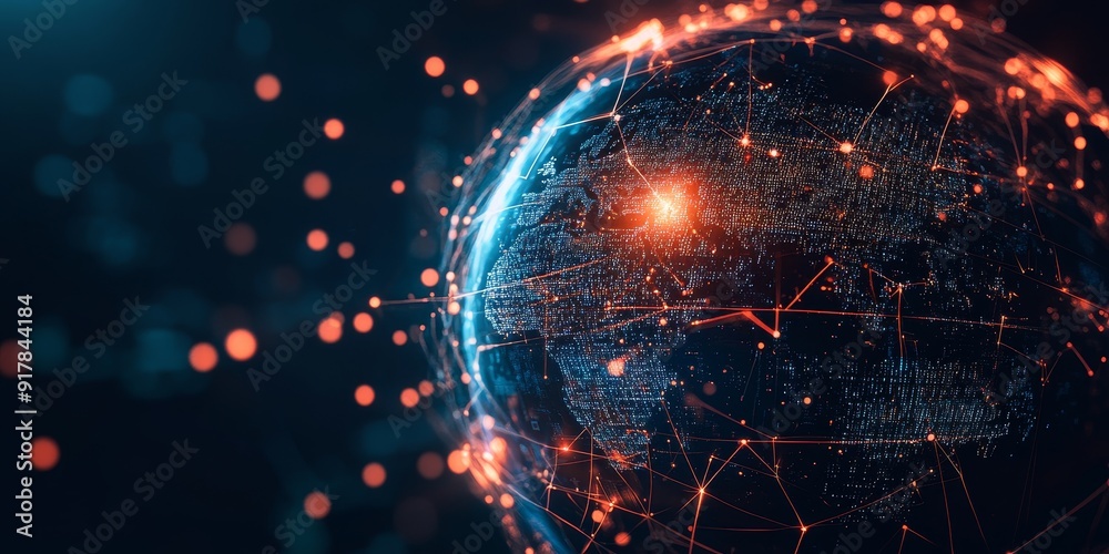 Poster futuristic globe with radiant lines forming a web around it, symbolizing the interconnected nature o