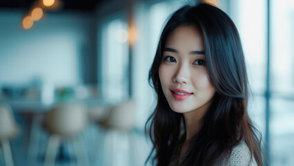 Naklejka premium Close-up portrait of a young woman with long black hair smiling