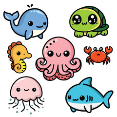 cute sea animals illustration vector collection