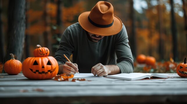 Man with no job writing Halloween stories, unemployed Halloween, literary creativity