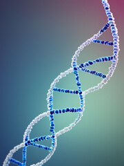 3D illustration of a DNA helix on a blue background with scientific and medical tags