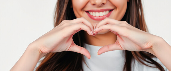 Woman making a heart shape with her hands, smiling with white teeth
