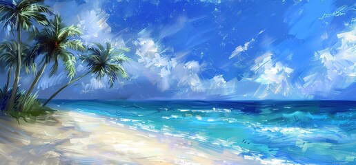 Fototapeta premium A picturesque painting depicting a tropical beach with palm trees, white sand, and turquoise waters under a clear blue sky with fluffy clouds. Perfect for a relaxing vacation.