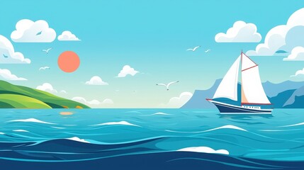 Naklejka premium A vibrant sailboat glides across sparkling water, under a clear blue sky with fluffy clouds and a warm sun, perfect for travel inspiration.