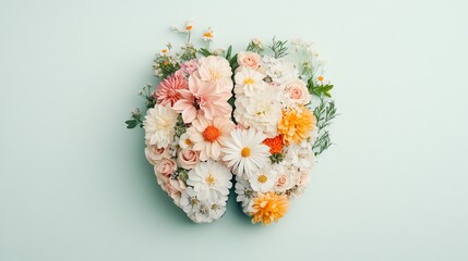 Abstract representation of mental health with a brain made of blooming flowers, mental wellness, artistic healthcare