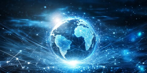 Obraz premium Futuristic globe wrapped in a dynamic web of bright lines, symbolizing the global network of digital systems and the seamless flow of information across the world