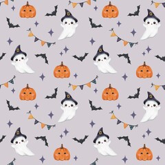 Cute cartoon seamless pattern with halloween pumpkins and flying ghost on colour background 