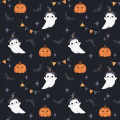 Cute Halloween seamless pattern on dark colour background