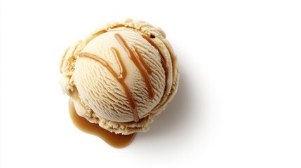 Isolated top view of vanilla ice cream with caramel sauce, showcasing a delightful treat on a white backdrop.