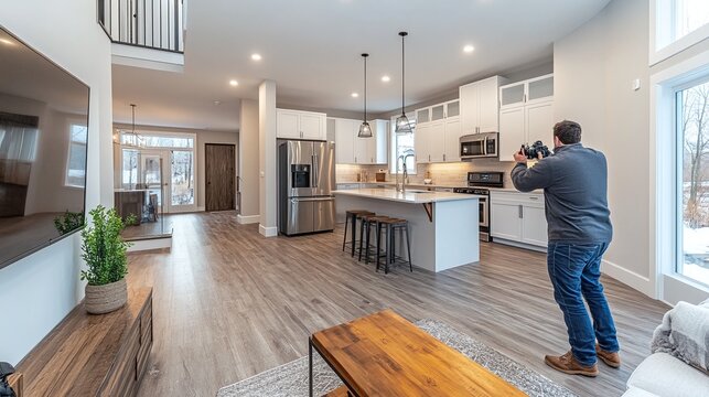 Real Estate Photographers taking an interior photograph inside a modern clean house