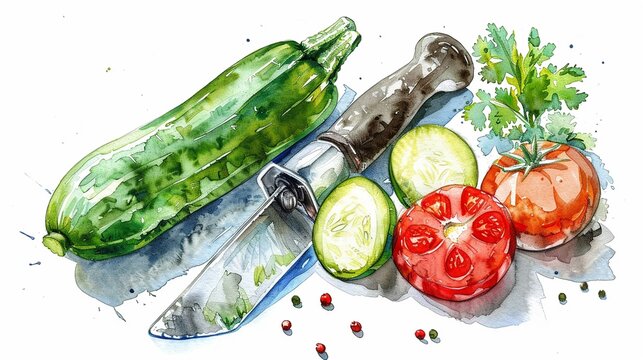 watercolor vegetables with knife, green zucchini, red tomato clip art preview