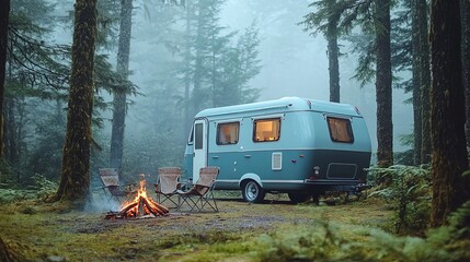 retro blue rv camper parked in misty forest clearing campfire and chairs awaiting adventure
