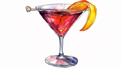 Cosmopolitan glass with a twist of orange peel,Clipart, watercolor illustration, Perfect for nursery art The style is hand  drawn, white background