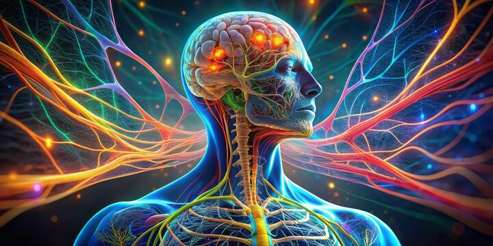 Vibrant illustration of the human central nervous system, showcasing the brain, spinal cord, and nerve networks in intricate detail, with colorful synapses and neural pathways.
