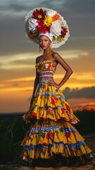 Brazilian woman wearing traditional colorful dress posing