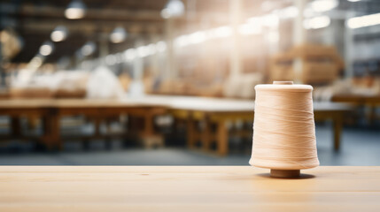 Large thread spool standing on table in busy textile factory