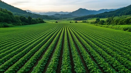 Aerial view of lush green fields with rows of crops under a scenic sky and mountains, showcasing nature's beauty and agriculture.