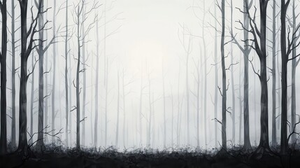 Spooky forest, foggy atmosphere, shadowy figures, vintage horror style, monochromatic, watercolor, empty space at top for logo