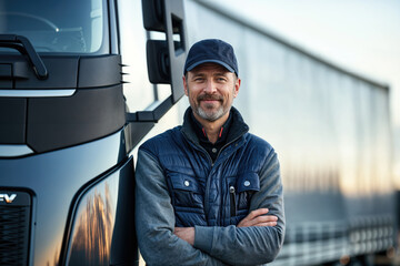 Proud truck driver smiling with arms crossed by semi truck