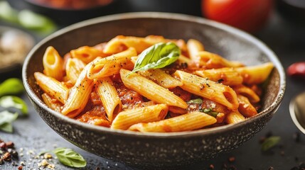 Penne Arrabiata served in a rustic bowl, showcasing the spicy tomato sauce and a hint of chili flakes.
