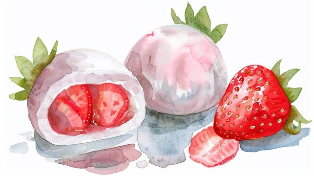 Ichigo daifuku (strawberry-filled mochi) with a fresh strawberry inside,Clipart, watercolor illustration, Perfect for nursery art The style is hand  drawn, white background