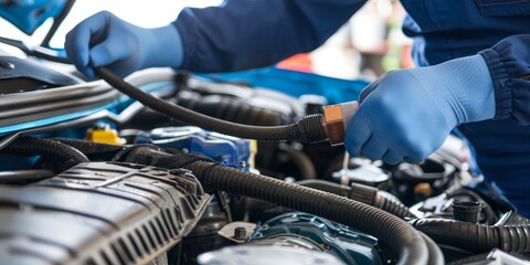 Close-up of a technician examining a car's cooling system, with attention to hoses and radiators, emphasizing the importance of maintaining proper engine temperatures