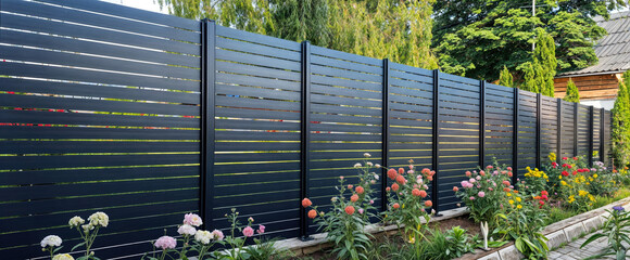 New black horizontal aluminum fence surrounding residential backyard garden
