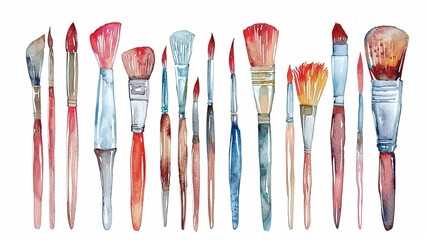 Paintbrushes in various sizes,Clipart, watercolor illustration, Perfect for nursery art The style is hand  drawn, white background