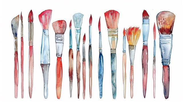 Paintbrushes in various sizes,Clipart, watercolor illustration, Perfect for nursery art The style is hand  drawn, white background