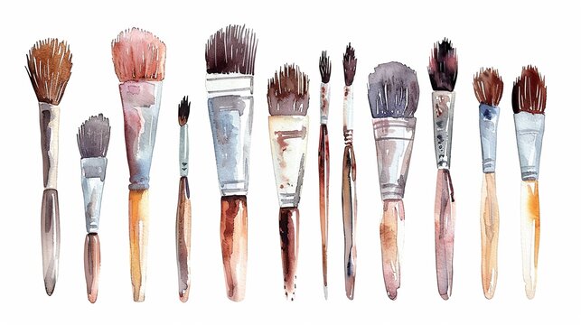 Paintbrushes in various sizes,Clipart, watercolor illustration, Perfect for nursery art The style is hand  drawn, white background
