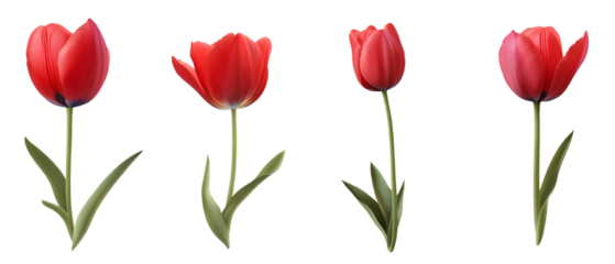 Four Red Tulips Isolated On Black Background