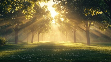Obraz premium Soft morning rays piercing through the trees in a serene park setting, enveloping the scene in a peaceful glow.