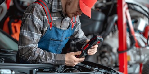 Obraz premium A professional in overalls using a diagnostic tool to inspect a car's electrical system, highlighting the technical aspects of vehicle maintenance